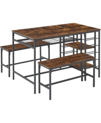 Dining Table Set for 4, 47.2" Rectangular Table with 2 Benches, Metal Frame, Wine Rack, 2-Tier Shelf, Vintage