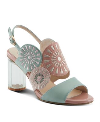 Women's Embroidery Pumps and Heels - Geometric Design, Adjustable Ankle Strap, Transparent Cylindrical Heel