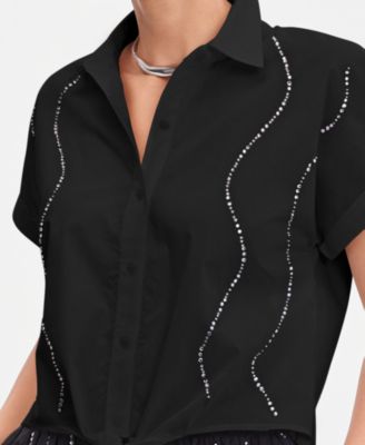 Petite Rhinestone Short-Sleeve Collared Top