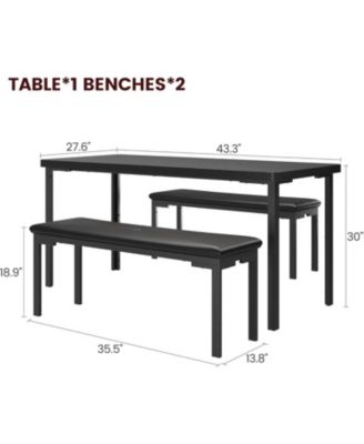 3-Piece Metal Frame Dining Table Set with 2 Benches