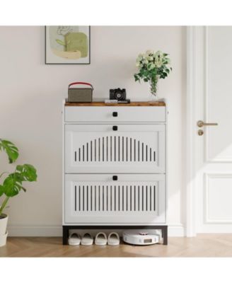 Wooden Shoe Cabinet with 2 Hollow-Panel Flip Drawers and Top Drawer