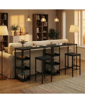 3-Piece Kitchen Table Set with Storage Shelves & 2 Bar Stools, Iron & Wood, Dining Table for Small Spaces