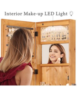 Solid Wood Jewelry Armoire Organizer Cabinet with Full Length Mirror Wall Mounted Lockable with LED Light
