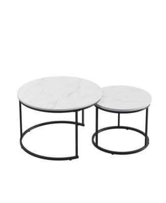 Nesting Coffee Table Set of 2, 27.6" Round Center Table, Wood Marble Pattern Top with Sturdy Metal Frame for Living Room