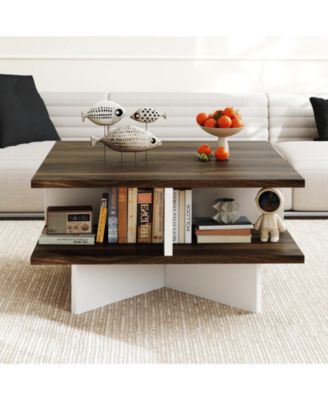 2-Tier Square Coffee Table with 4 Storage Compartments-Walnut