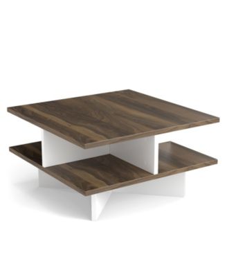 2-Tier Square Coffee Table with 4 Storage Compartments-Walnut