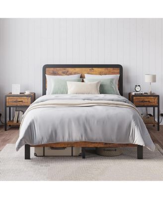 Full Bed Frame with Nightstands Set of 2 Platform Bed Frame with Headboard Safe Rounded Corners Modern Bedside End Tables Bedroom Set