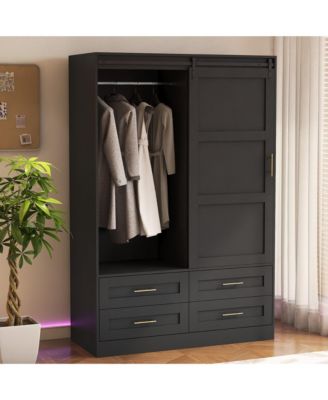 Tall Bedroom Armoire Wardrobe Closet with Hanging Rod Barn Door Drawers and Open Shelves Clothing Storage Cabinet