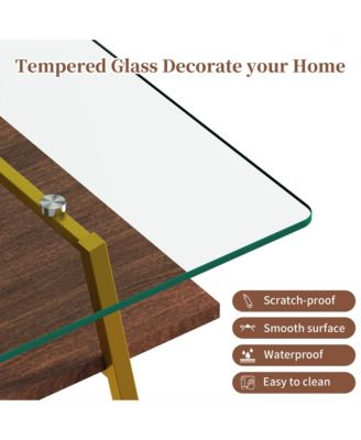 Rectangle Coffee Table, 2 Tier Center Table with Clear Tempered Glass Top and Metal Legs for Living Room