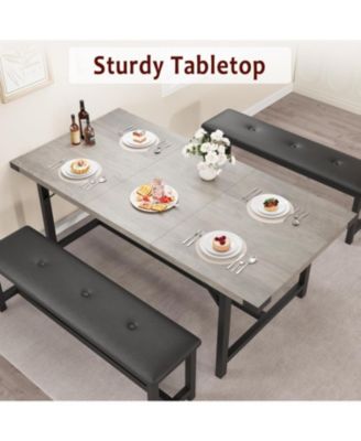 3-Piece 63" Extendable Rectangular Dining Table Set with Metal Frame and 2 Benches