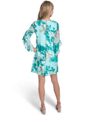 calvin klein bell sleeve dress green CALVIN KLEIN Womens Green Keyhole Back Bell Sleeve V Neck Short Shift – A  to Z Pawn & Resale main image 1
