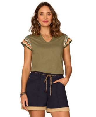 Petite Crochet Cap-Sleeve Notched Neck Knit Top