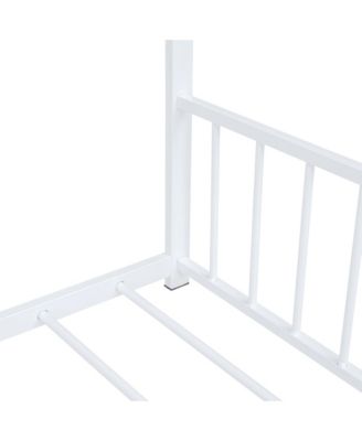 White Metal House Bed with Roof Design Semi Enclosed Space and Integrated Slat Support