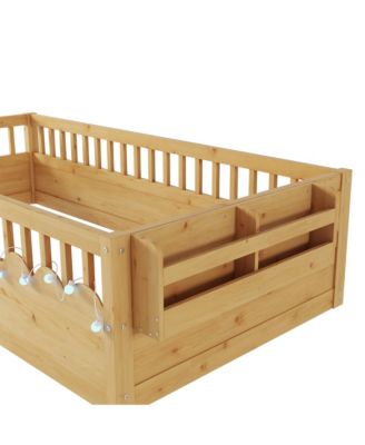 Montessori Wood Floor Bed With LED Light Storage Shelf High Rails