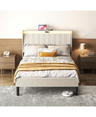 Platform Bed Fabric Upholstered Headboard Wood Slats USB Charging