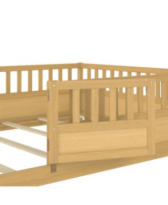 Montessori Floor Bed With Support Slat High Barrier Door Natural Wood For Kids