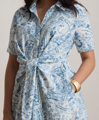 Plus Size Paisley Tie-Front Linen Shirtdress