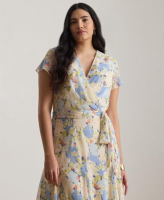 Plus Size Floral Crinkle Georgette Surplice Dress