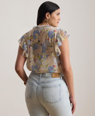 Plus Size Floral Ruffle-Trim Georgette Shirt