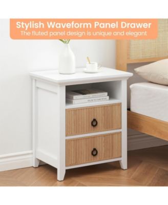 Wooden Nightstand with 2 Drawers and Open Shelf Ripple Pattern Bedside Table with Fluted Design Suitable End Side Table for Bedroom Living Room