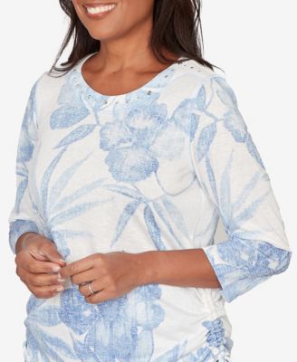Women's Caribbean Blues Monotone Dramatic Floral Tropical Top