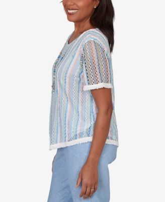 Women's Caribbean Blues Textured Stripe T-Shirt with Necklace