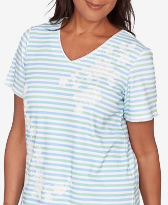 Women's Caribbean Blues Highlight Flower Striped T-Shirt