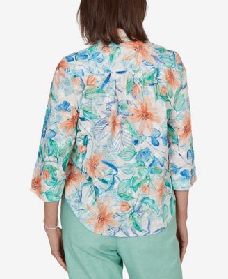 Petite Caribbean Blues Tropical Flower Eyelet Tie-Sleeve Top