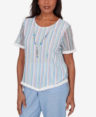 Petite Caribbean Blues Textured Stripe T-Shirt with Necklace