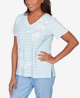 Petite Caribbean Blues Highlight Flower Striped T-Shirt