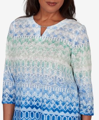 Petite Caribbean Blues Ombre Biadere Split Neck Top