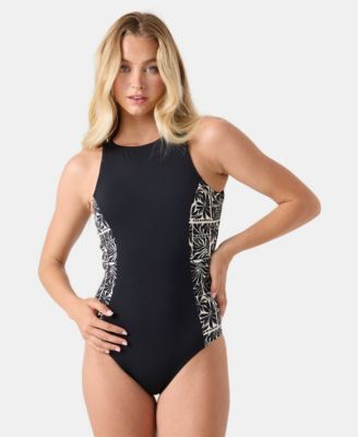 Women's Printed Geometric Flower High-Neck One-Piece Swimsuit