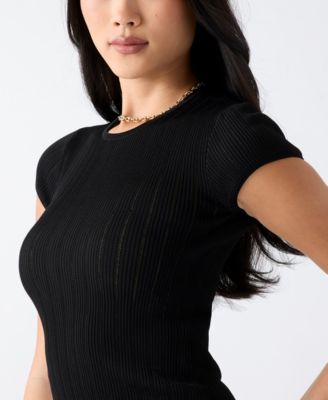 Women's Short-Sleeve Crew Neck Rib Pointelle Mix Kara Sweater