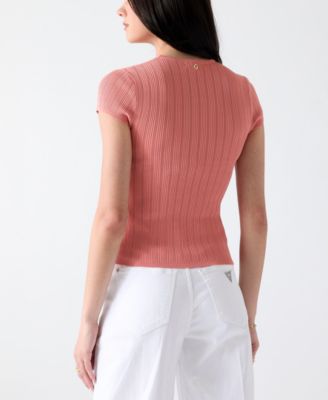 Women's Short-Sleeve Crew Neck Rib Pointelle Mix Kara Sweater