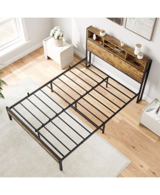 Metal Bed Storage Headboard Charging Station Bookcase