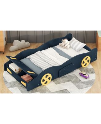 Race Car Shaped Platform Bed Dark Wheels Storage Pine Wood