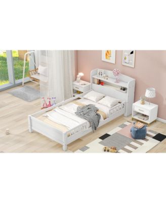 Wood Platform Bed LED Light Storage Headboard Guardrail Pine Wood