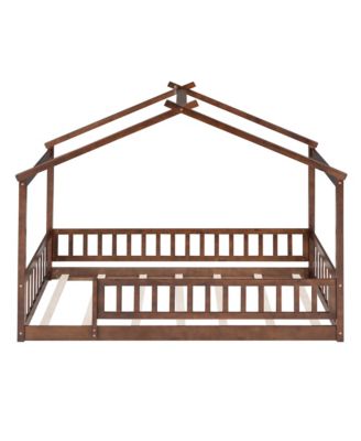 Wood House Bed Walnut Roof Fence Pine Wood Frame 7 Slats Kids Teens