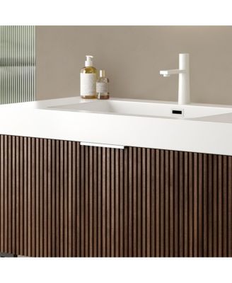 36" Retro Deep Walnut Plywood Freestanding Bathroom Vanity Cabinet, No Basin, 1 Full-Extension Drawer And Open Towel Shelf