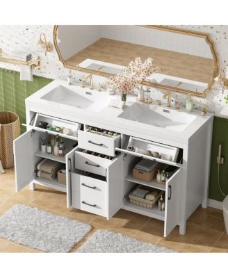 59.3" White Modern Solid Wood Frame Double Sink Vanity With SMC Sink, Black Handles, 4 Doors 5 Drawers Soft-Close