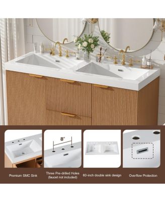 47.24" Brown Modern MDF Double Sink Floating Vanity With SMC Top, Soft-Close Doors, Divided Drawers