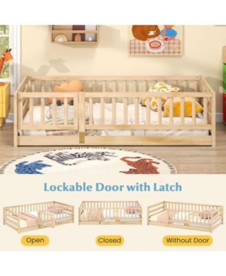 Twin Floor Bed with High Fence and Door Playhouse Design