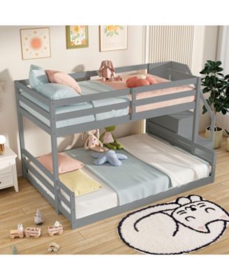 Solid Wood Twin Over Full Low Bunk Bed with Storage Stairs