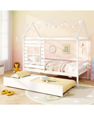 Wooden Platform House Bed with Trundle and Roof