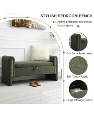 Upholstered Storage Ottoman, Modern Teddy End of Bed Bench, Window Storage Stool with Arms for Living Room, Bedroom