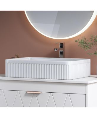 20.1" White Rectangular Ceramic Vessel Sink, Modern Drop-In Bathroom Basin with Vertical Stripe, Contemporary Style