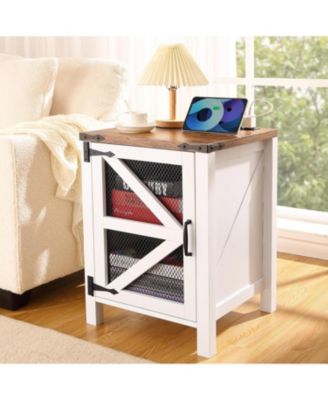 Farmhouse Nightstand with Charging Station, 18" Bedside End Table with Barn Mesh Door and Adjustable Shelf, Rustic Sofa Side Table for Bedroom