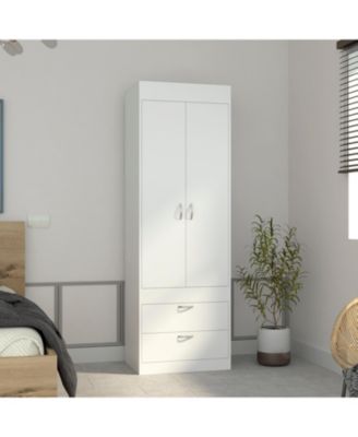 Armoire 70 Inch High Double Door Cabinet with Two Drawers Metal Handles and Hanging Rod