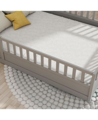 Montessori Wooden Floor Bed With Support Slat High Barrier And Door For Kids