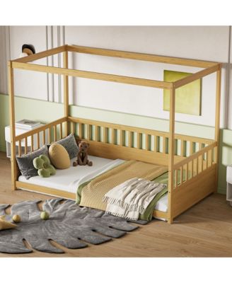  Wooden Canopy Floor Bed With Guardrails Four Poster Design For Kids